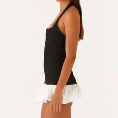 Black Denim Pleated Halter Mini Dress