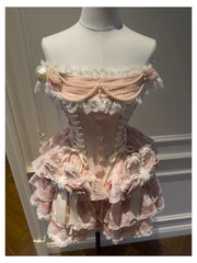 Pink Lace Up Strapless Bow Pearl Desgin Tiered Mini Dress