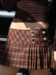 Brown Plaid ow Waist Metal Ring Pleated Mini Skirt