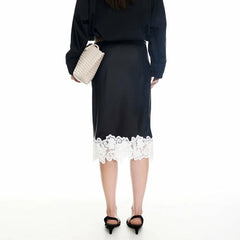 Lace Trimmed Patchwork Satin Midi Skirt