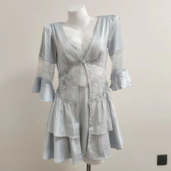 Long Sleeve Lace Mesh Tie Up Top Loungewear