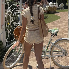 Ruched Elastic Short Sleeve Crop Top And Ruffles Hem Shorts Set