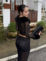 Black Jacquard Fur Trim Crop Top