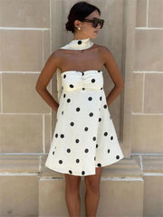 Tube White Polka Dot Strap Drape Mini Dress