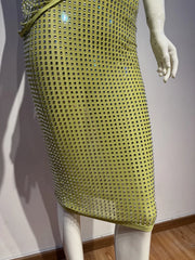 Green O Neck Sleeveless Crystal Top And Mesh Midi Skirt Set