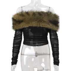 Black Ruched Off Shoulder Fur Trim Top