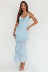 Spaghetti Strap 3D Rose V Neck Ruffle Maxi Dress