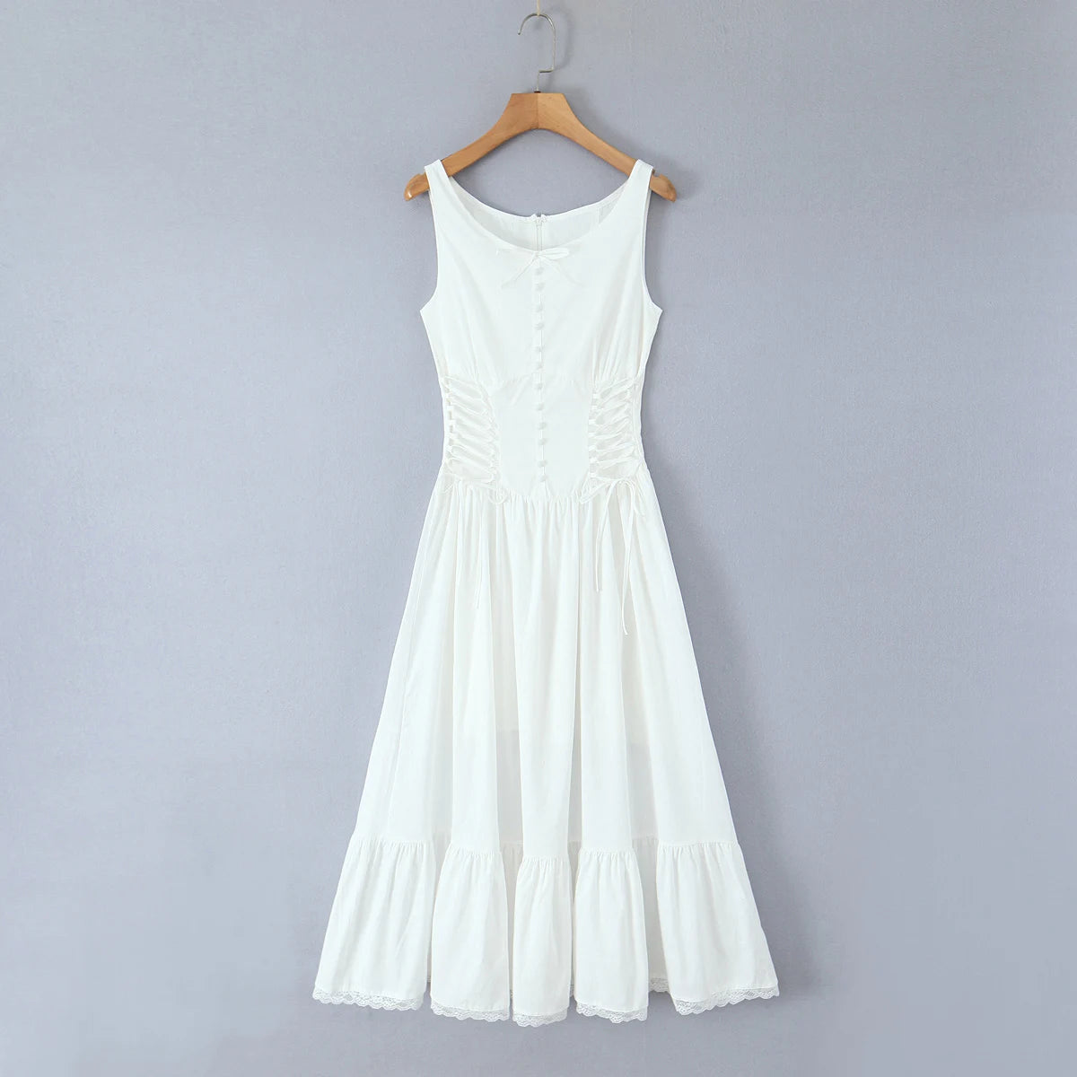 Women's white front buttons tank maxi dress with O-neck and fit-and-flare silhouette.