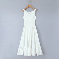 Women's white front buttons tank maxi dress with O-neck and fit-and-flare silhouette.