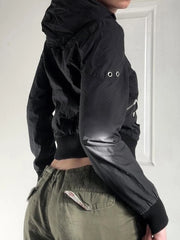 Black Hooded Cargo Snap Button Jacket with Pockets