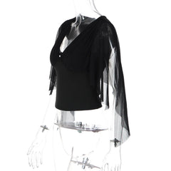 Deep V-Neck Mesh Split Flare Long Sleeve Top