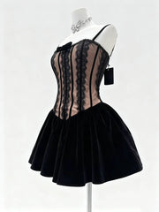Black Corset Lace Trim Desgin Flare Mini Dress