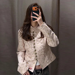 Floral Print Stand Collar Metal Button Jacket