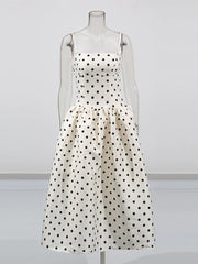 White Satin Polka Dot Strapless Midi Dress