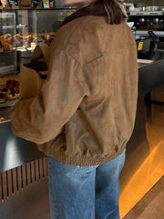 Brown Lapel Ribbed Collar Patchwork Pocket Jacket