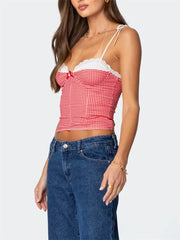 Gingham Lace Trim Spaghetti Strap Top