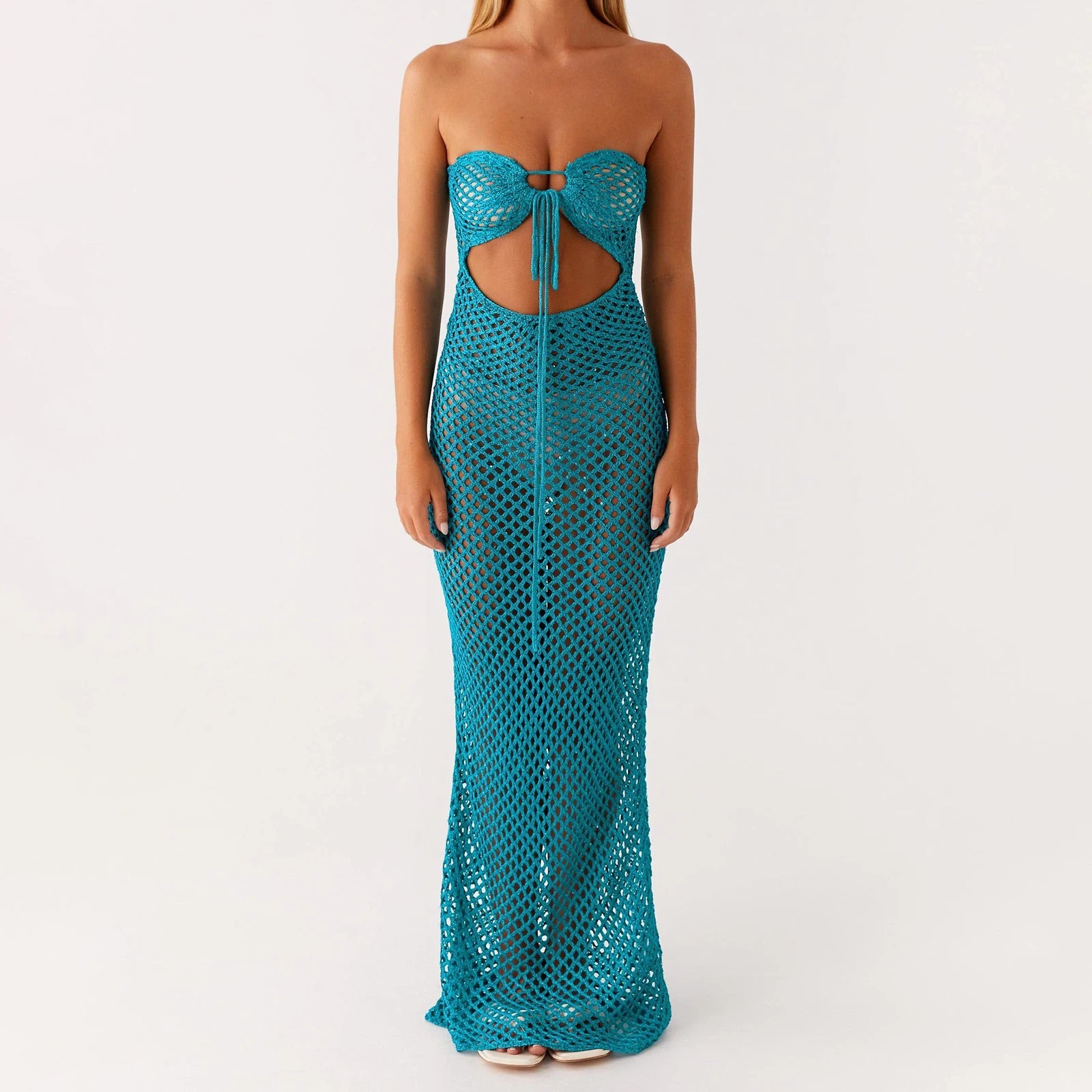 Women's blue knit tie-up front tube dress with slash neck and sheath silhouette.