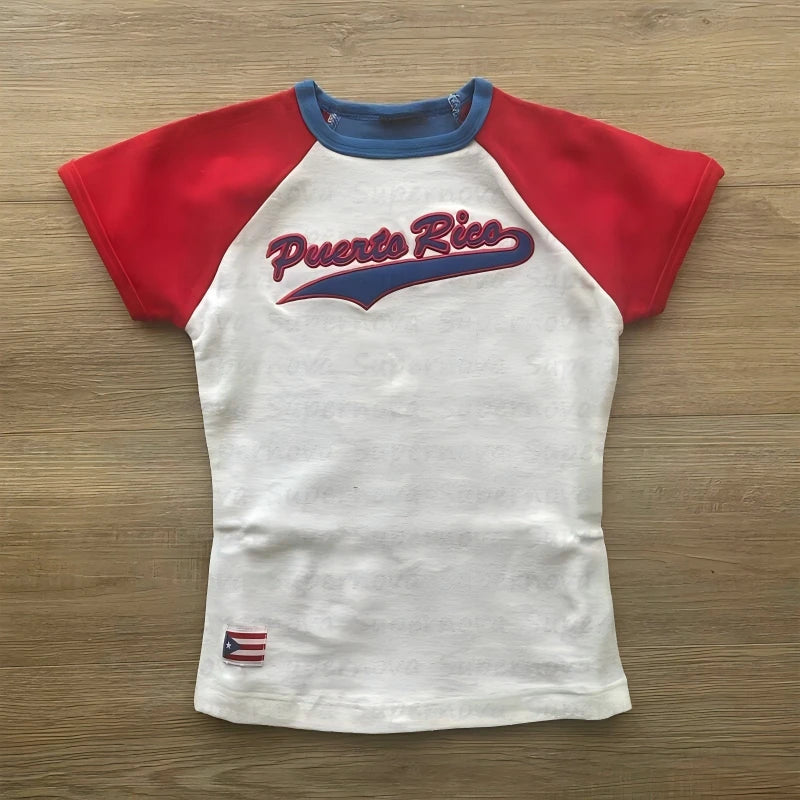 Women's Puerto Rico letter graphic short-sleeved top with an O-neck.