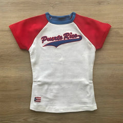 Women's Puerto Rico letter graphic short-sleeved top with an O-neck.