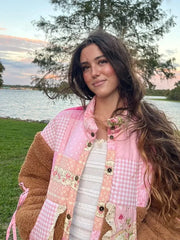 Patchwork Floral Gingham Print Bow Decor Fleece Jacket