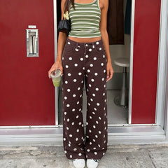 High Waist Wide Leg Polka Dot Denim Pants
