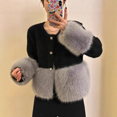 Pink O-Neck Patchwork Plush Knitted Cardigan