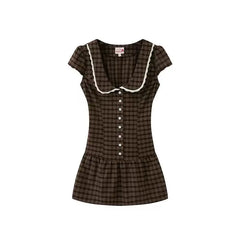 Brown Plaid Peter Pan Collar Short Sleeve Mini Dress