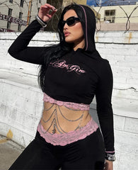 Black Lace Patchwork Zipper Sweatshirt And Track Pants Set