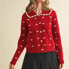 Heart Print Doll Collared Knitted Cardigan