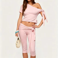 Off Shoulder Tie Sleeve Crop Top and Tie Waist Capri Pants Set