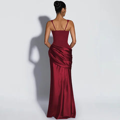 Square Neck Sleeveless Satin Waist Ruched Mermaid Maxi Dress