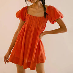 Puff Sleeve Babydoll  Square Neck Tie Back Mini Dress