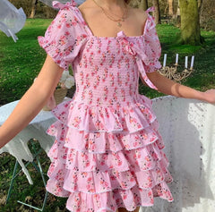 Pink Floral Print Smocked Layered Mini Dress