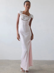 Lace Trim Short Sleeve Satin Maxi Dress