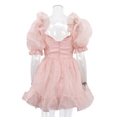 Pink Puff Sleeve Mesh Mini Dress