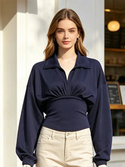 Blue Snitched Waist Turn-Down Collar Full Sleeve Top