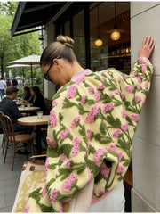 Embroidered Knit 3D Floral Print Zip Up Jacket