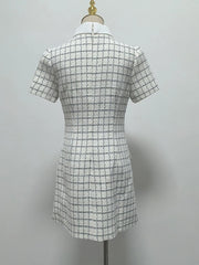 White High Collar Plaid Button Up Mini Dress