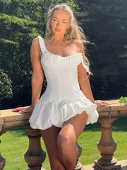 White Puff Ruffle Strap Mini Dress