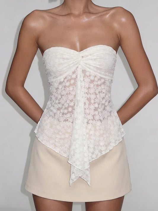 White Lace Jacquard Strapless Top