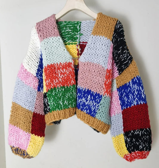 Knit Colourful Patchwork Pattern Cardigan