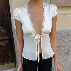 Satin Sheer Chiffon Tie Front Top