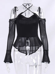 Black Mesh Halter Strap Long Sleeve Top