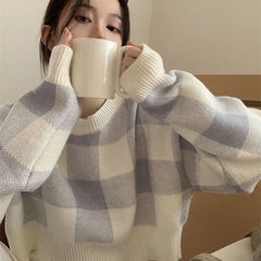 Plaid Loose O-Neck Short Sweater