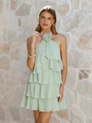 3D Flowers Ruffled Halter Tiered Mini Dress