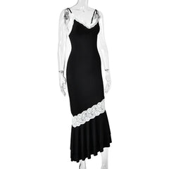 Lace Trim Ruffle Mermaid Hem Cami Midi Dress