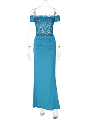 Blue Lace Patchwork Bodycon Long Dress