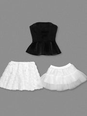 Black Velvet Lace-up Corset Top And Mini White Floral Skirt Set