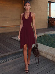 Halter V‑Neck Twist Backless Irregular Hem Mini Dress