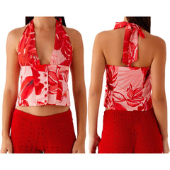 Printed Tie-up Halter Deep V-Neck Crop Top